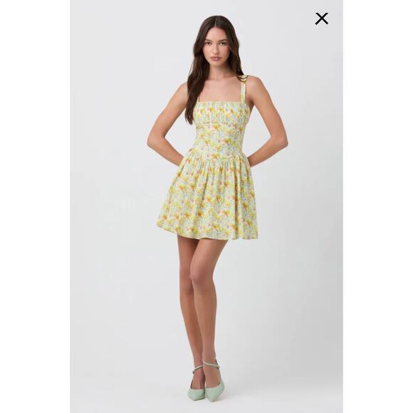 ASTR the Label Women's Beige Yellow Floral Milkmaid Mini Dress NWOT Size X-Large - Picture 4 of 16